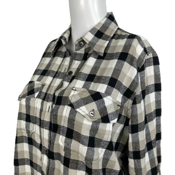 Current Elliot Shirt Womens Sz S Black Beige Plaid Flannel Fringe Button Up - Picture 2 of 9